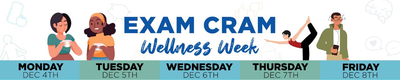 Image of "Exam Cram Wellness Week" and 2 cartoons drinking tea, 1 cartoon doing yoga, and 1 cartoon listening to music.